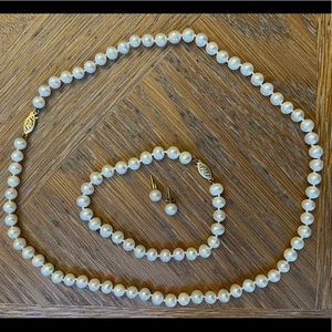 Genuine Pearl 14k bracelet necklace earrings set